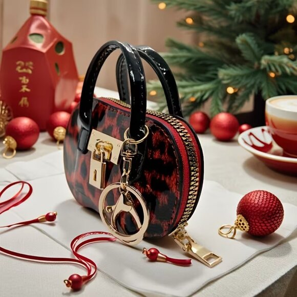 🔥 Classy Leopard style Mini Handbag Keychain Coin Purse Charm w/ Gold Accent - Picture 2 of 6